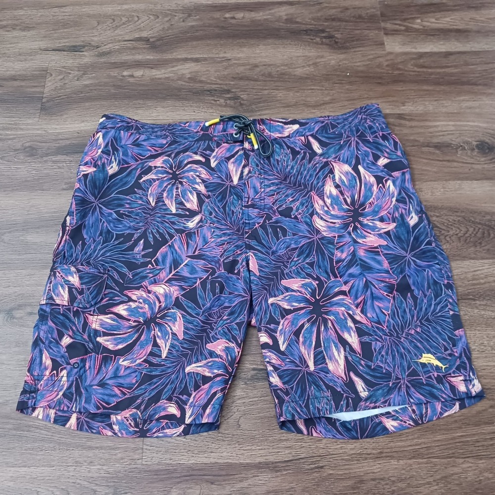 Tommy Bahama Mens XXL Tropical Palm Print Swim Trunks Navy Pink Board Shorts